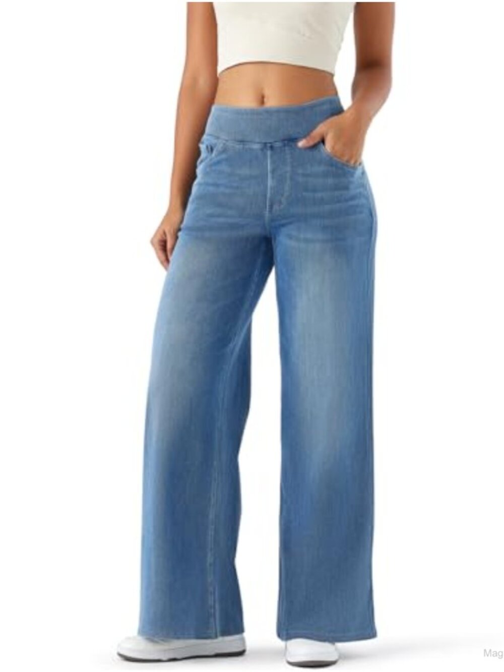 Wide Leg Pull On Jeans High Rise Stretch Cotton Blend